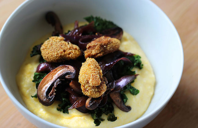 Fried Pheasant Hearts with Mushrooms and Polenta