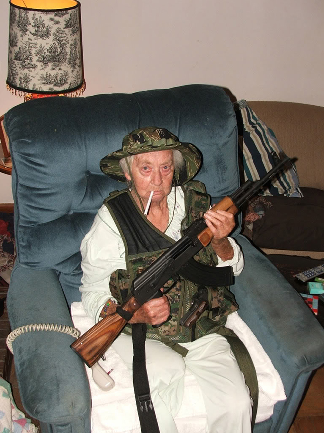 Granny Got A Gun Granny has a gun and looks like she’s prepared to use it! 