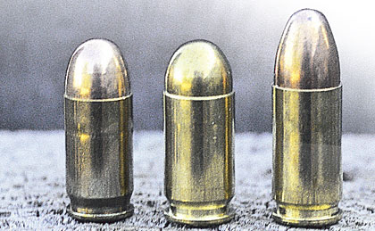 Left to right, the .380, 9mm Makarov and 9mm Parabellum rounds. 