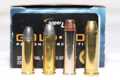 Left to right: .32 Long, .32 H&R Magnum, .327 Federal Magnum, .38 Speci...