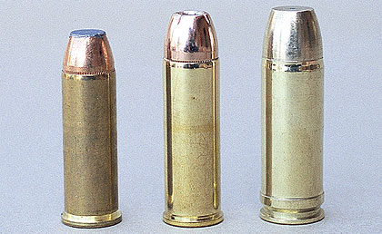 Cartridge comparisons, left to right: .44 Magnum, .454 Casull and .500 Wyom...