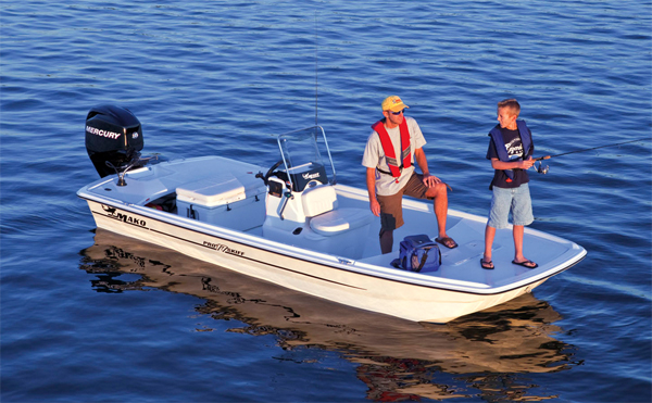 Mako Boats' 17-foot Pro Skiff is rigged to fish at an easy-on-the-wall...
